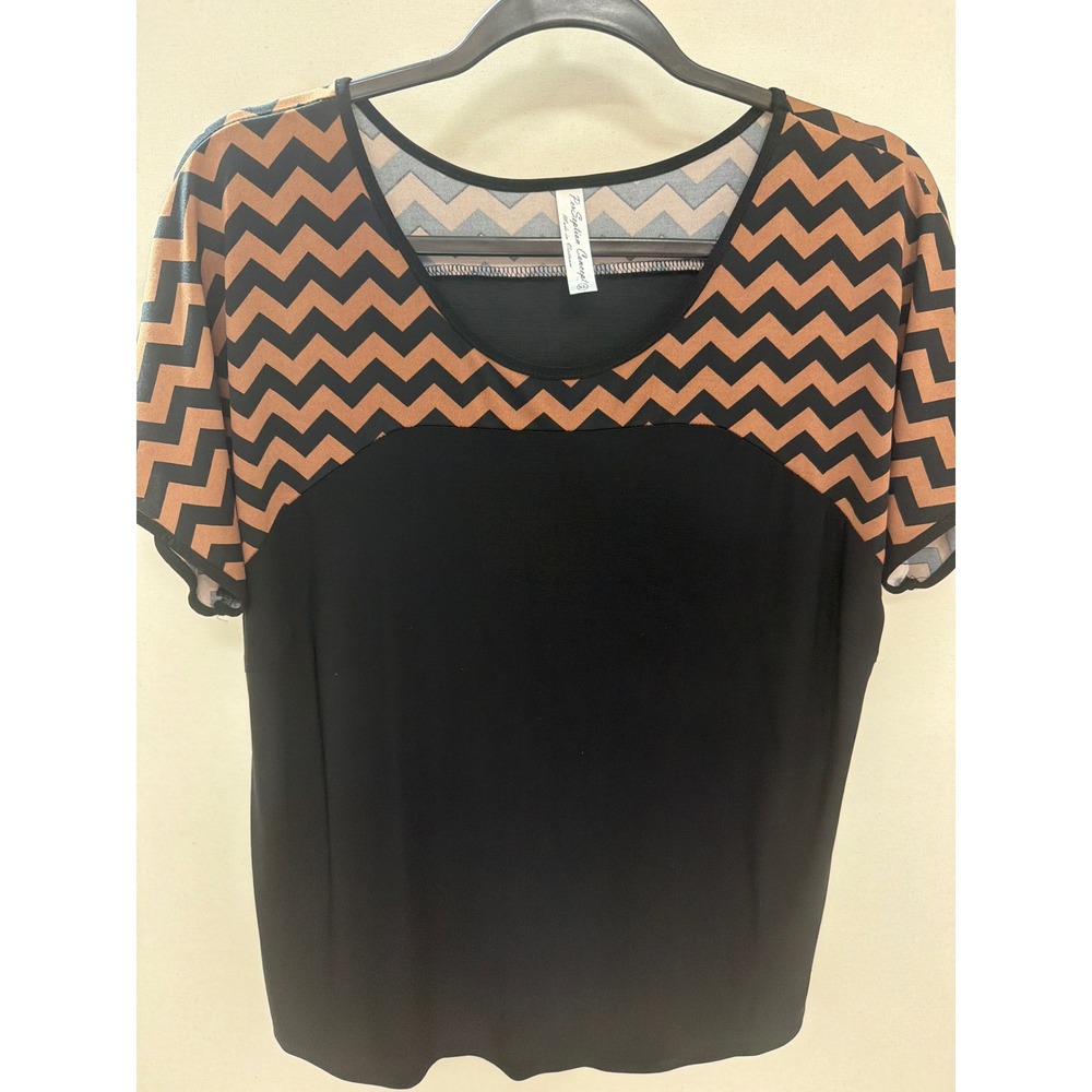 PerSeption Concept Womens XL Black Copper Chevron Print Scoop Neck Blouse Top